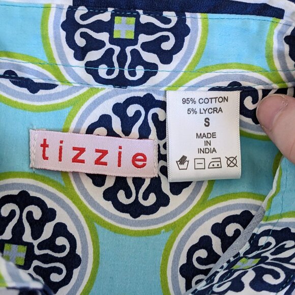 Tizzie Button Down Top Womens S Blue White Geometric Print 3/4 Sleeve Vacation - Picture 6 of 7